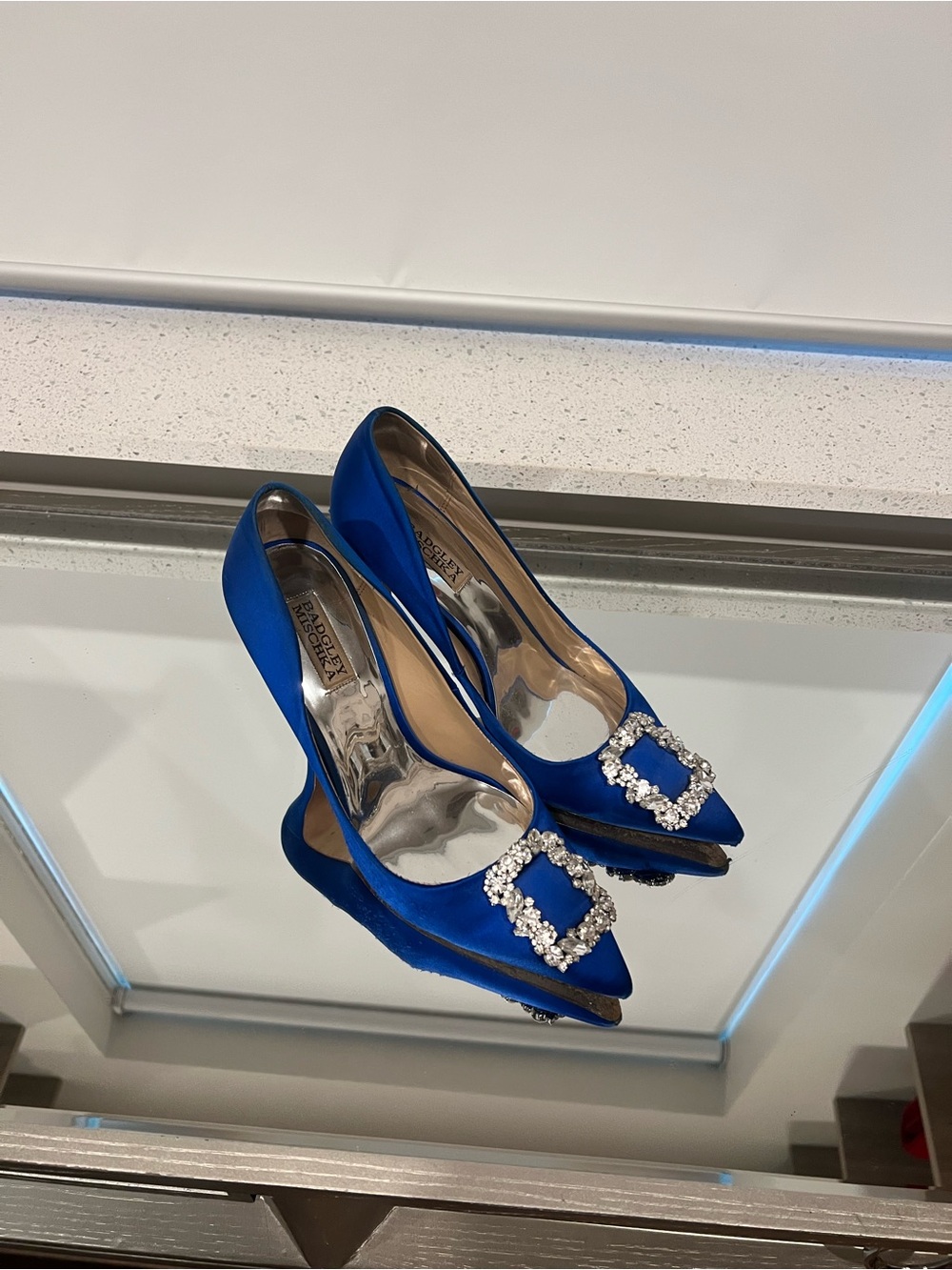 Badgley Mischka Cobalt Blue Satin Pointed Heels with Crystal Buckle